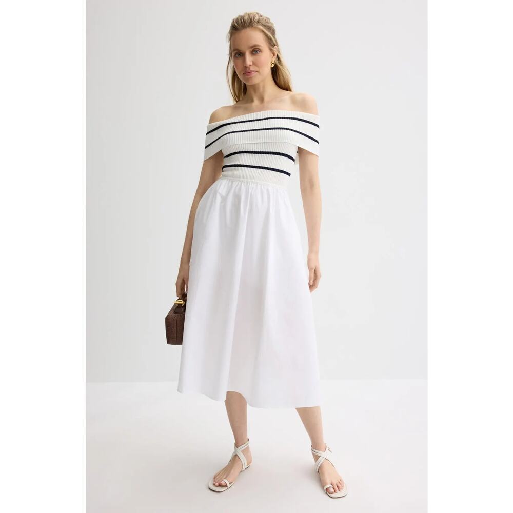 Milly Off The Shoulder Dress Striped Knit Bodice Poplin Skirt Midi Ecru Navy M